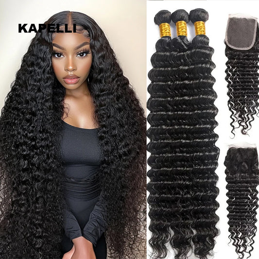 Loose Deep Wave Human Hair Bundles With Closure Transparent 4x4 Closure 13X4 Frontal Human Hair Weave Tissage 3/4 Bundles Remy