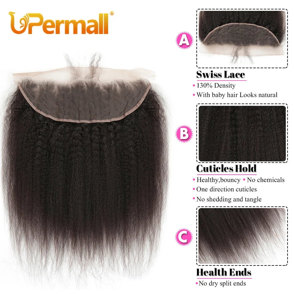 Upermall 13x4 Kinky Straight Lace Frontal Pre Plucked With Baby Hair HD Transparent Yaki 4x4 Closure Remy Human Hair For Women