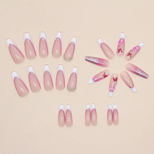 24-piece Long French Glitter Butterfly Diamond Fingernail with 1 Jelly Glue and 1 Nail File