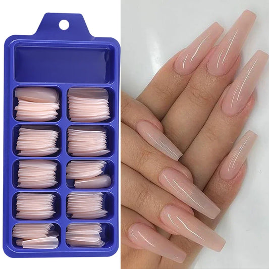 100pcs Nude Pink False Nail Press On Nails Acrylic Extension Coffin Forms Nail Tips Artificial Long Full Cover Fingernails Tools