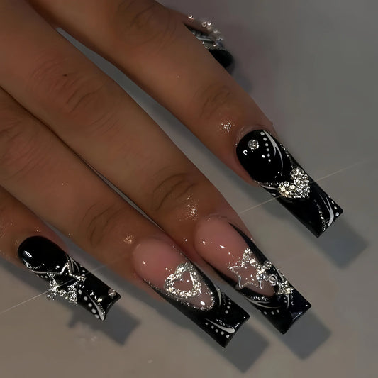 24PCS/1BOX Black French Wearing Sweet and Cool Nail Patch Glitter Love Stars in Europe and America Dark Department Fake Nail